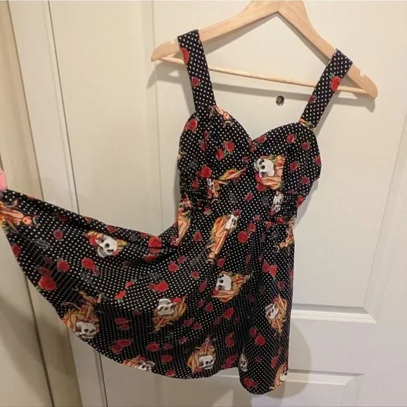EUC Hot Topic 2013 S Cotton Rose and Flaming Skull Polka Dot Pinup Dress - Picture 3 of 4